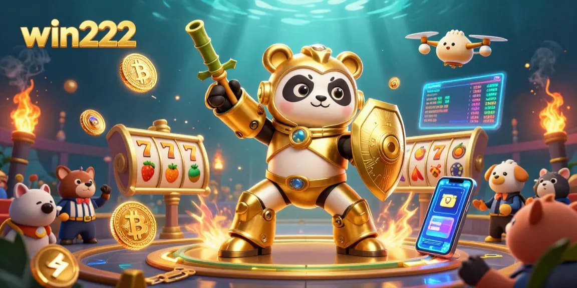 Play exciting slot games on win222 with vibrant 3D characters and glowing casino elements.