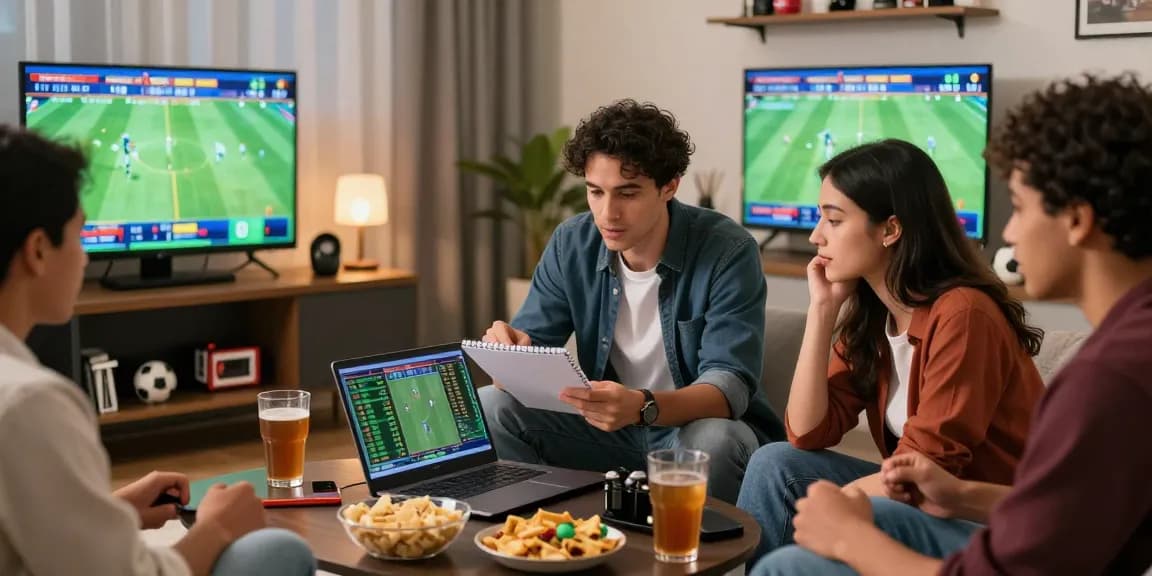 Soi kèo betting enthusiasts analyzing live football games with laptops and notepads in a vibrant sports-themed environment.