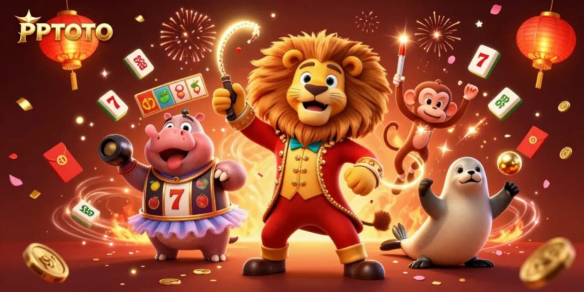 PPTOTO menarik pemain dengan gulungan slot 3D yang cerah, karakter yang unik, dan elemen perayaan