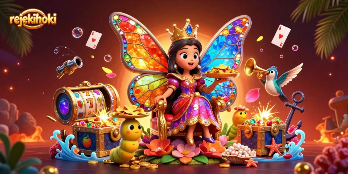 Rejekihoki showcases an enchanting casino scene with a butterfly queen and vibrant game elements.
