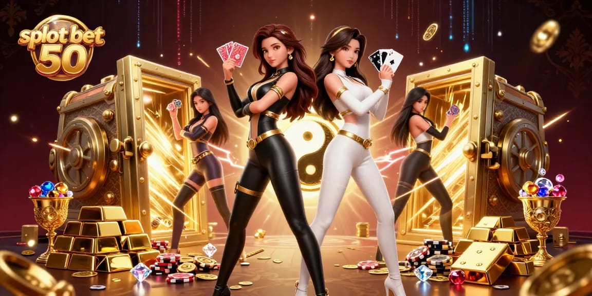 Engaging scene of twin Asian women representing slot bet 50 with vibrant casino elements.