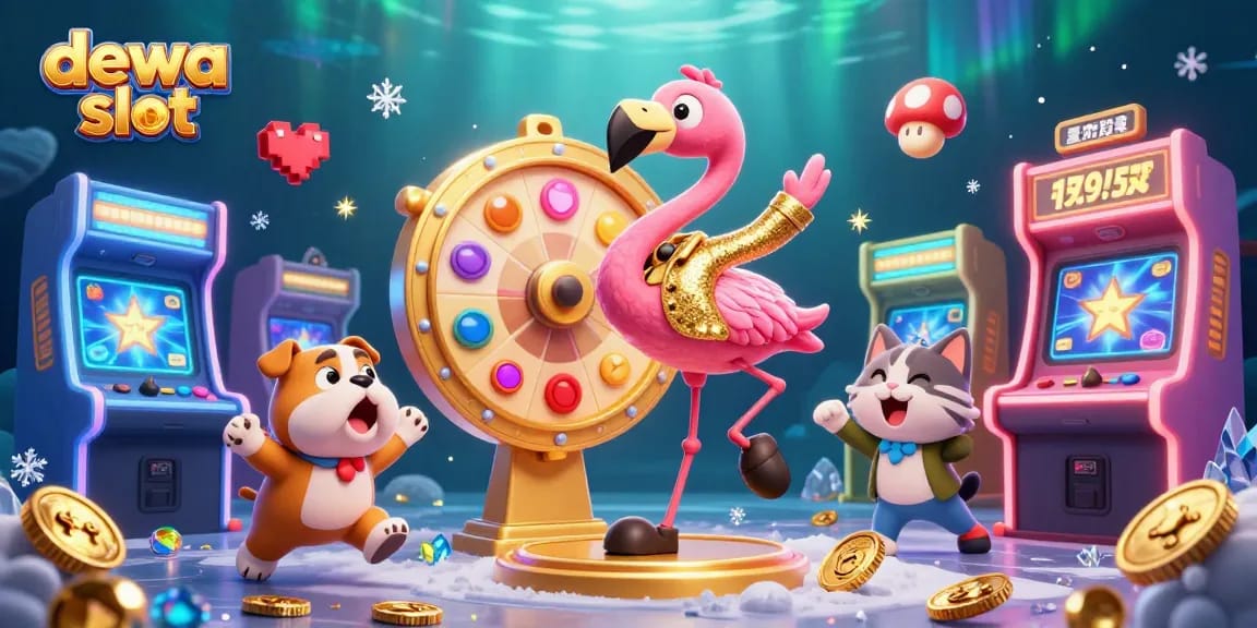 Experience the excitement of dewa slot with a vibrant 3D illustration featuring a game show scene packed with colorful prizes.