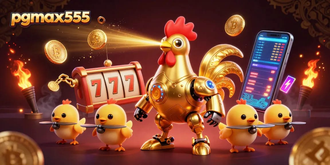 เล่นเกมสล็อตกับ pgmax555 โดยมีหุ่นยนต์ไก่ทองคำและโดรนลูกเจี๊ยบในภาพที่น่าตื่นเต้น