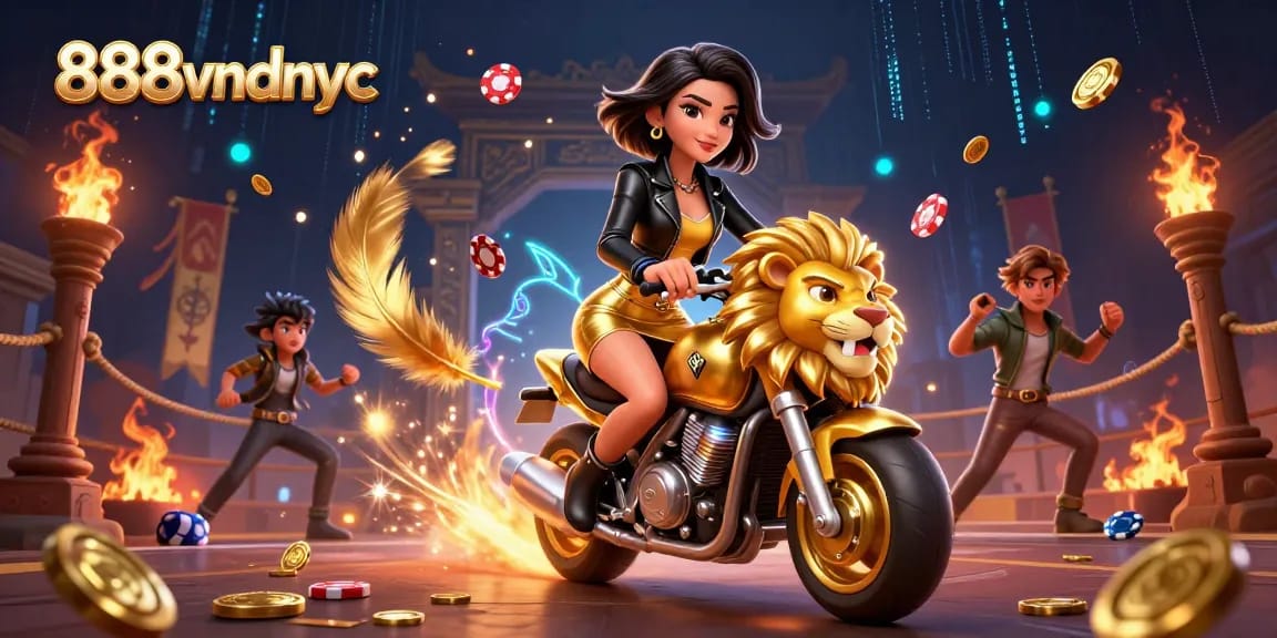 Engage in thrilling action at 888vndnyc with a glamorous female gamer and her golden lion mascot.