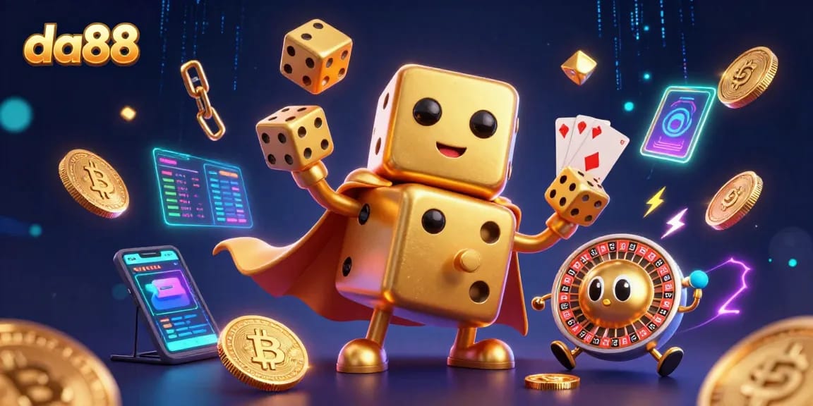 da88 features an energetic casino character illustration with golden dice and crypto elements