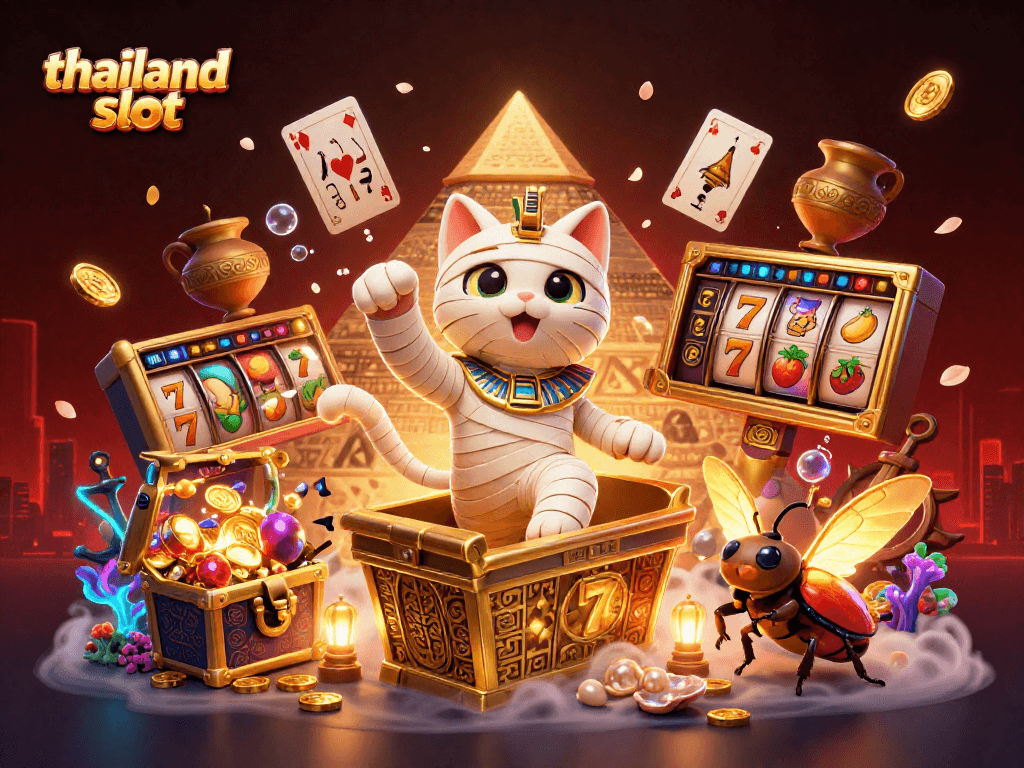 Win big at thailand slot with the cartoon mummy cat and scarab beetle in a dynamic casino scene.