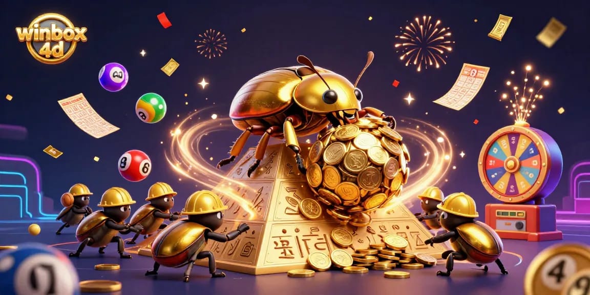 Experience winbox 4d excitement with vibrant lottery elements and a golden beetle scene.