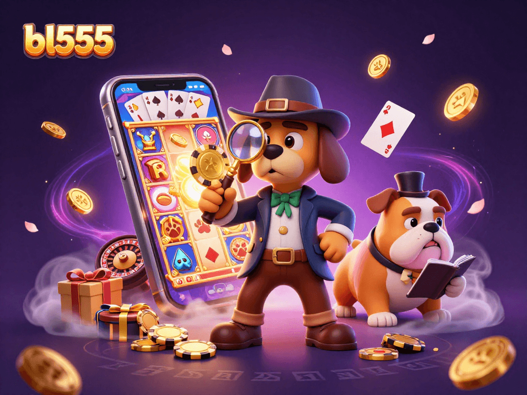 Bl555 detective scene investigating poker chips with a whimsical cartoon style surrounded by vibrant casino elements.