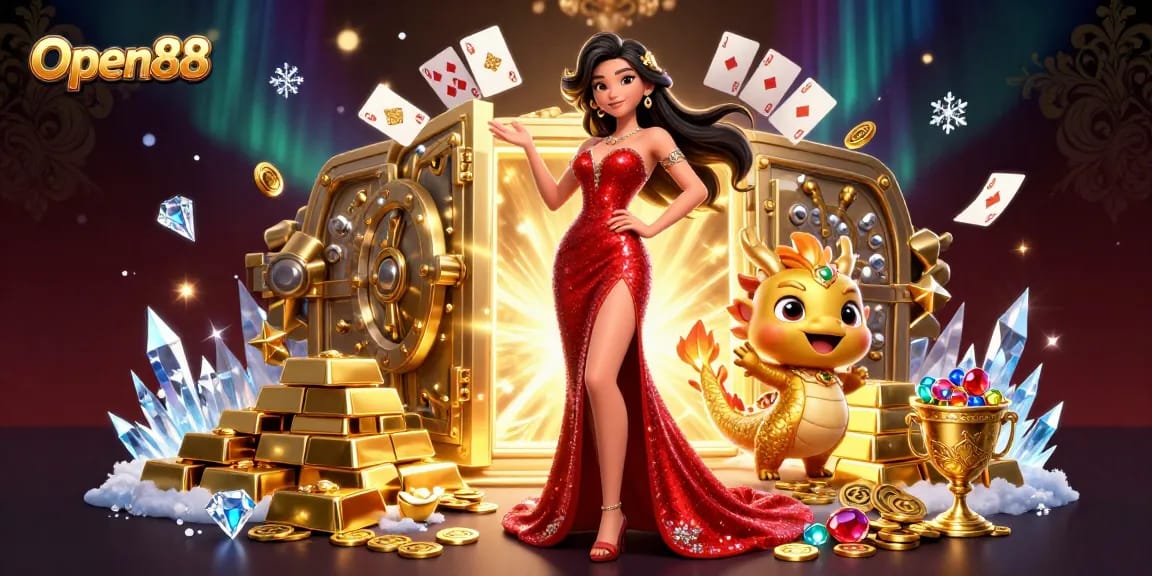Experience Open88's thrilling casino games with vibrant visuals and engaging characters in a stunning 3D illustration.