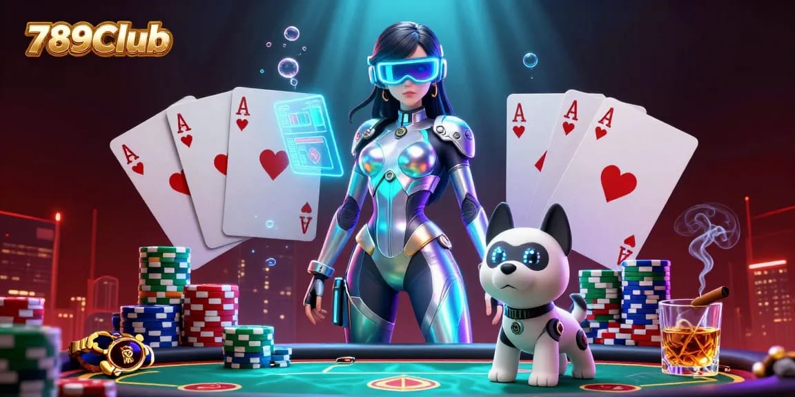 Experience vibrant action at 789Club with a stunning futuristic woman and robot dog amid a dynamic poker scene.