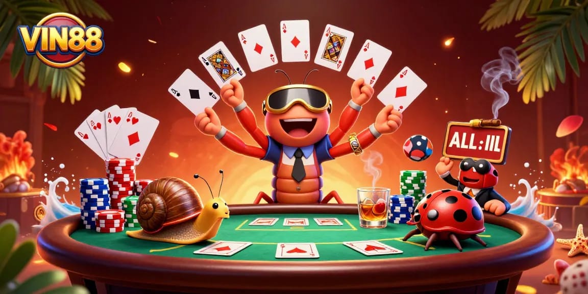 Experience the thrill of VIN88 with a vibrant 3D casino scene featuring animated characters and poker elements.