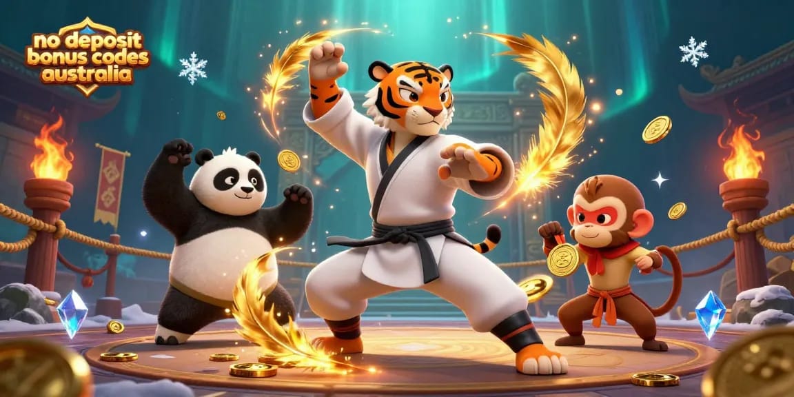 No deposit bonus codes Australia gaming scene featuring a 3D cartoon kung fu tiger master and vibrant casino elements.