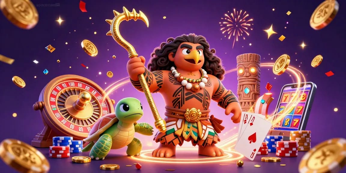 Play exciting slot games with spaceman88 in a captivating 3D illustration filled with vibrant casino elements.