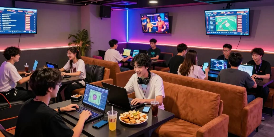 Exciting game bài đổi thưởng scene in a modern gaming lounge with players engaged.