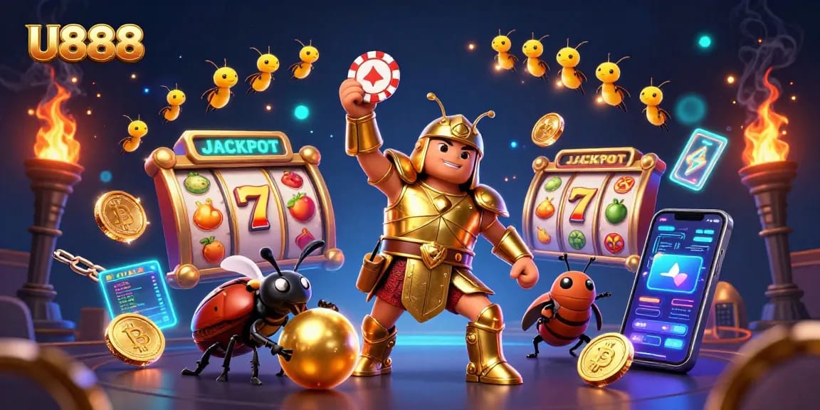 Spin the reels and win big with U888's vibrant jackpot illustration featuring a heroic character.