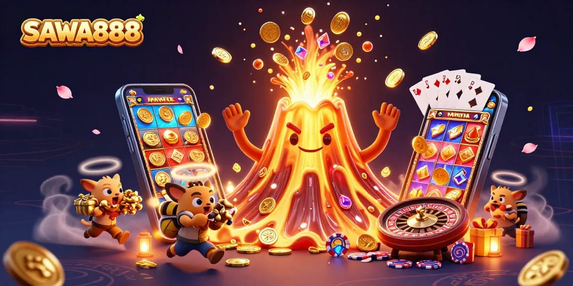 SAWA888 ignites excitement as a golden volcano erupts treasures, showcasing thrilling slot gameplay.
