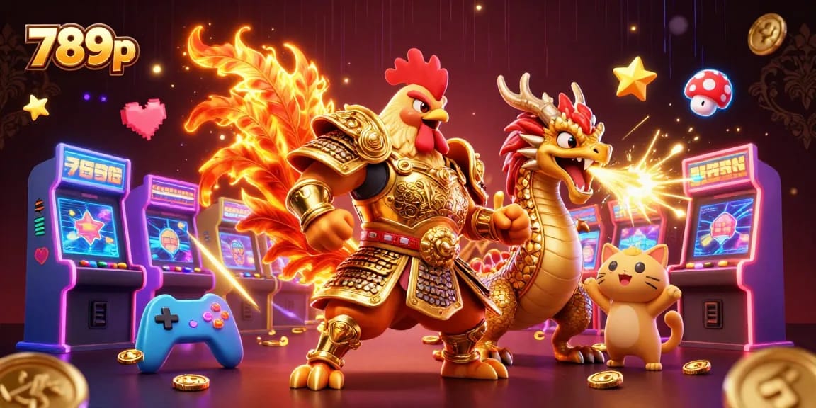 Engage in the thrilling 789p experience with victorious rooster warriors and dragon hatchlings in a vibrant casino scene.
