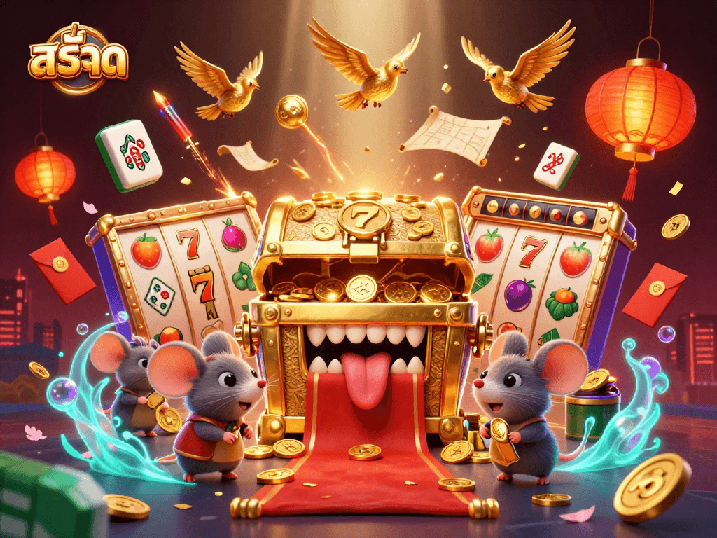 Experience exciting สล็อต action with a vibrant 3D treasure chest scene loaded with winnings and rich symbols.
