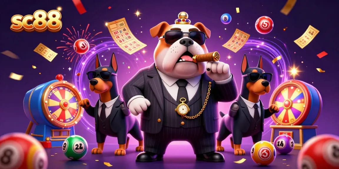 Engage in thrilling sc88 experiences with a lively scene featuring a mafia bulldog and Doberman bodyguards amidst vibrant gambling elements.