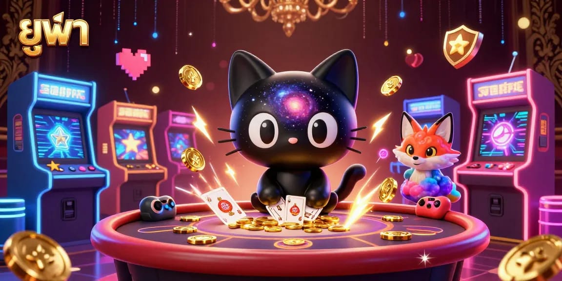 Experience the thrill at ยูฟ่า with a cosmic casino scene featuring a black hole cat and nebula fox.