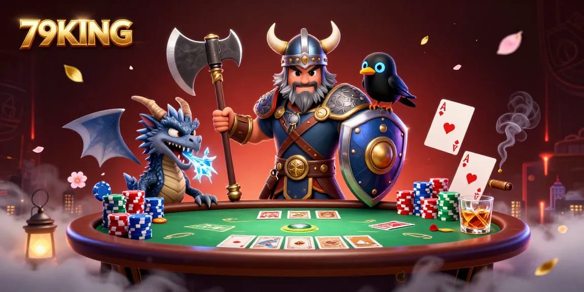 Experience the thrill of 79KING as a Viking wolf warrior battles for poker glory amidst vibrant casino elements.