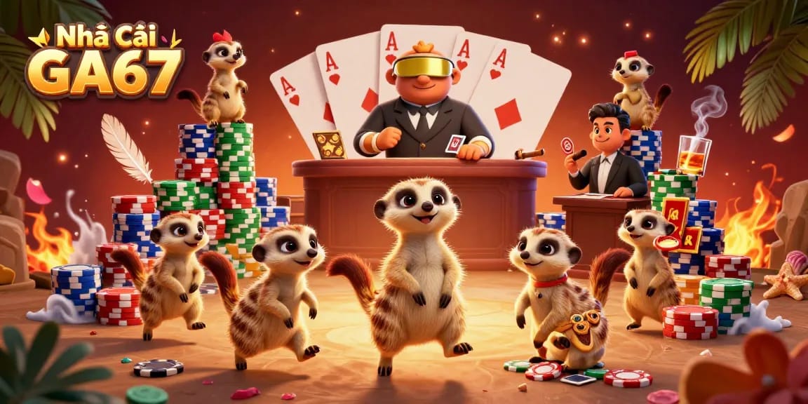 Experience the excitement of Nhà cái GA67 in this dynamic cockfighting casino scene with meerkats as main characters.