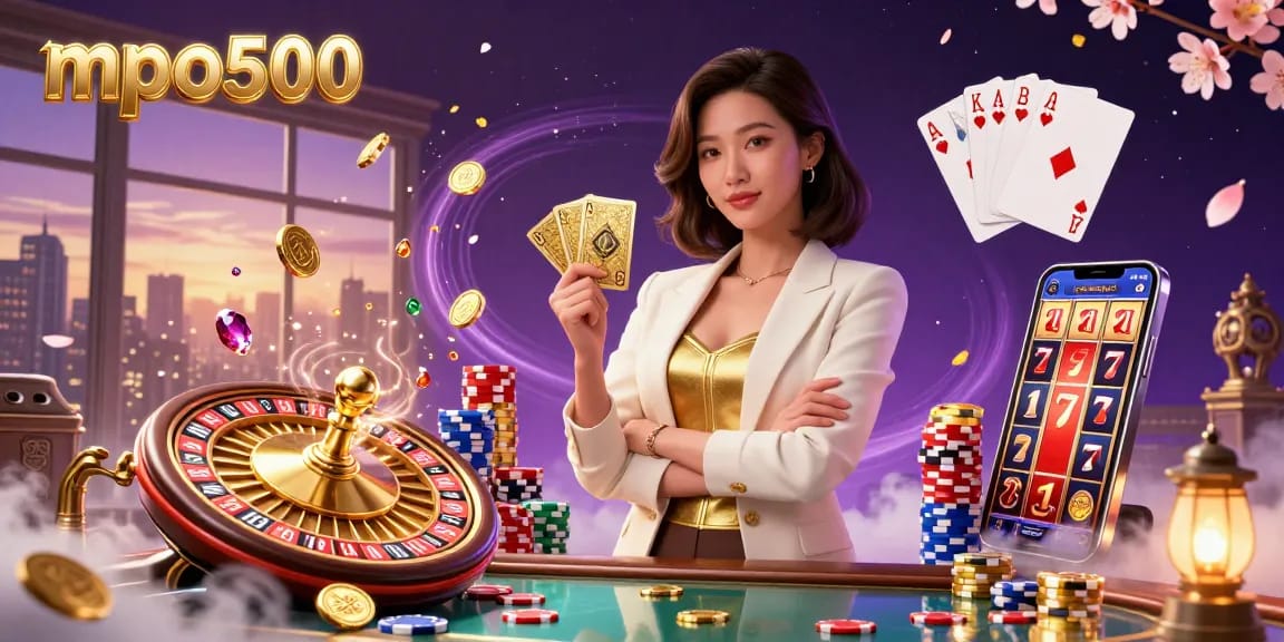 Experience the excitement of mpo500 with a glamorous Asian businesswoman in a vibrant casino setting.