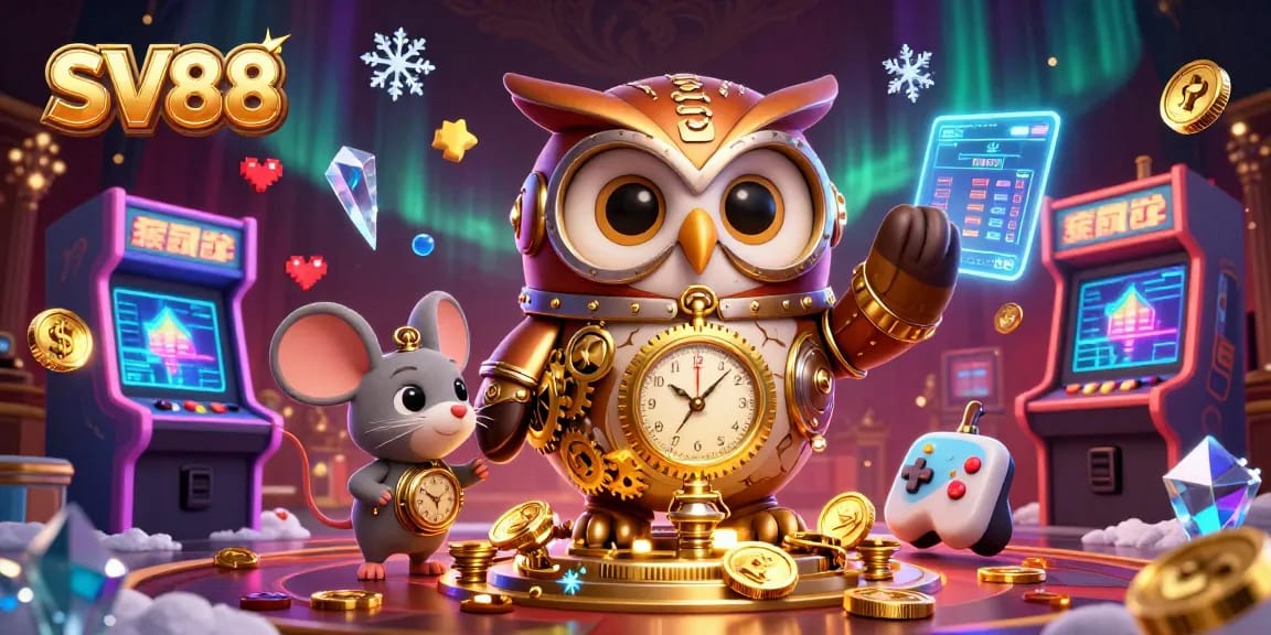 Engage with SV88 through a vibrant 3D illustration of a steampunk owl and gaming elements.