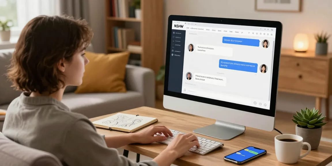 Engaging with nsfw ai chatbot on a home computer, user in cozy environment