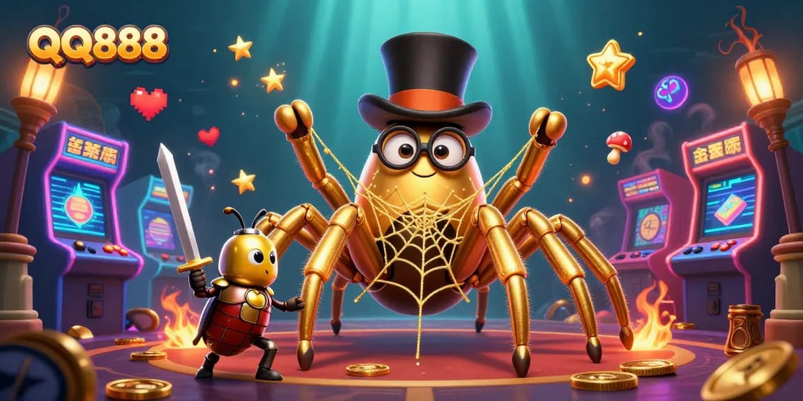 Engage in thrilling gameplay with QQ888's vibrant 3D casino scene featuring unique characters and gaming elements.