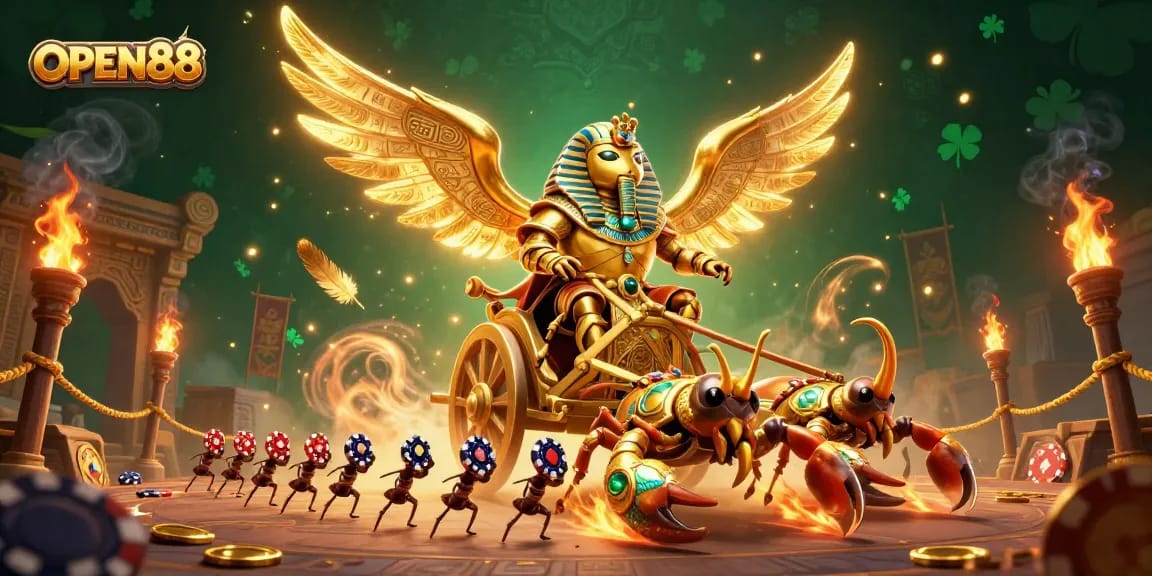 Engage in thrilling gaming with OPEN88 as golden elements swirl in an enchanting casino scene.