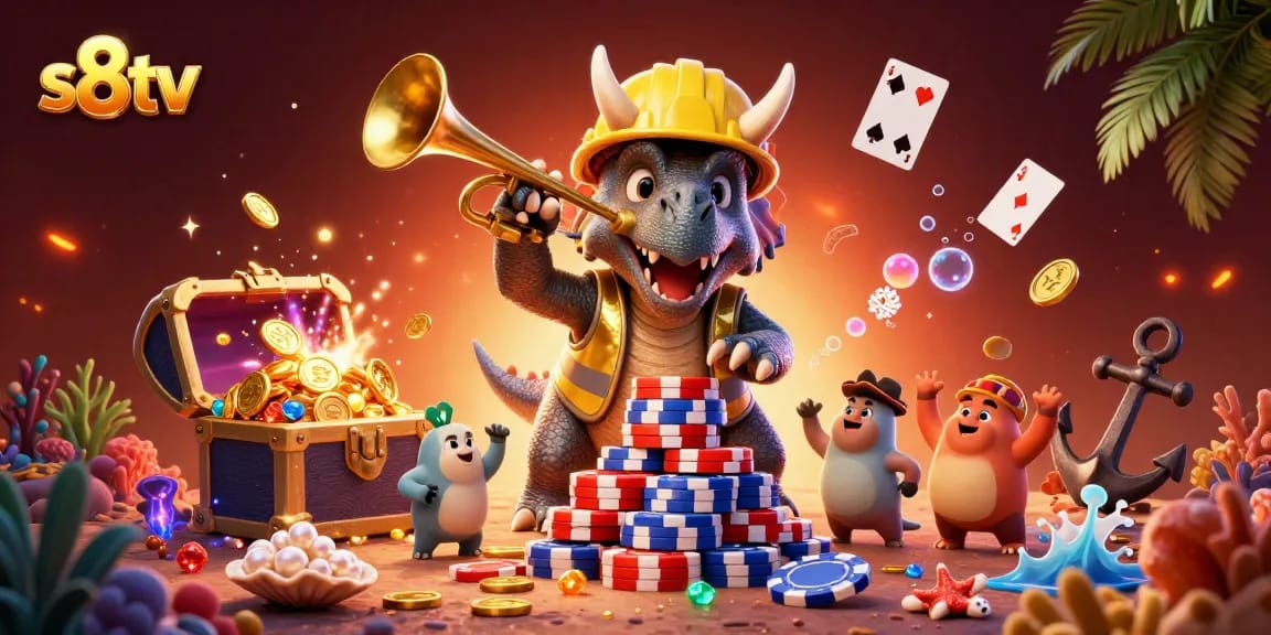 S8TV features a vibrant scene with cartoon dinosaurs celebrating a poker chip pyramid in a dynamic casino illustration.