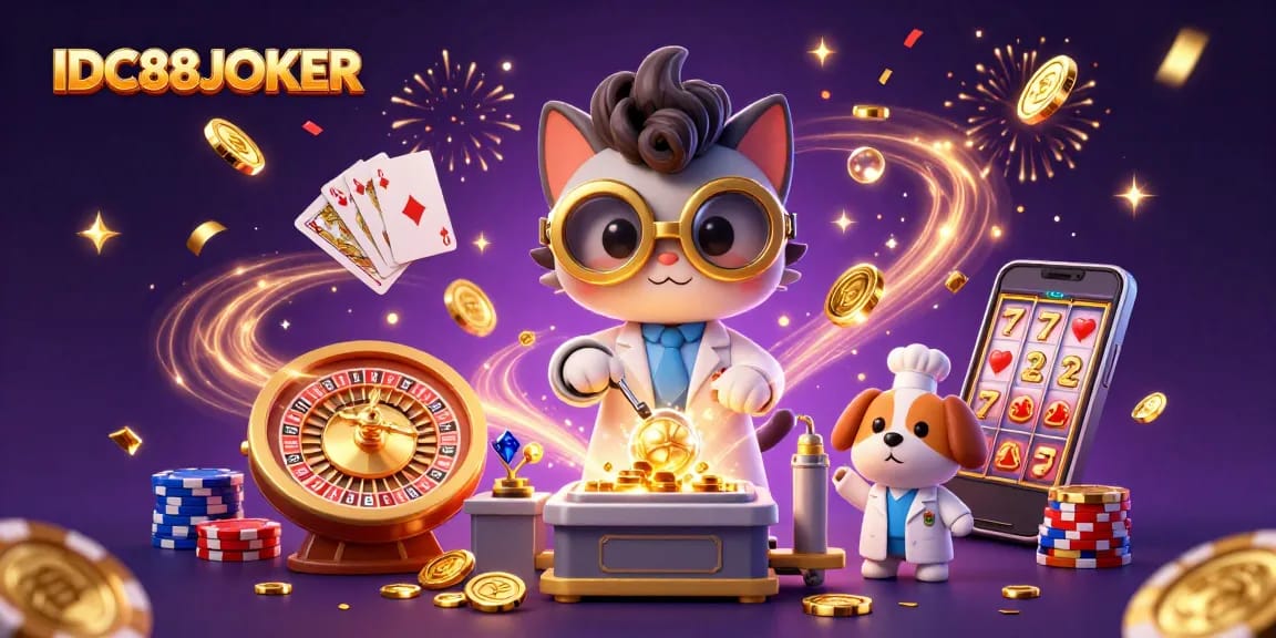 Experience the excitement of IDC88JOKER with a lively scene of a mad scientist cat creating a gold-replication machine.
