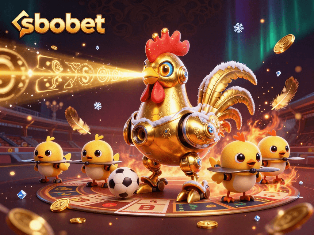 SBOBET sports betting scene with a futuristic golden rooster robot and baby chick drones, surrounded by dynamic sports elements.