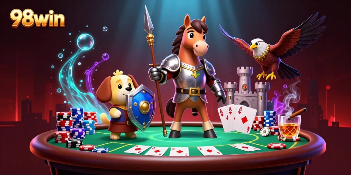 Engage with 98win in a vibrant 3D digital casino scene filled with excitement and action.