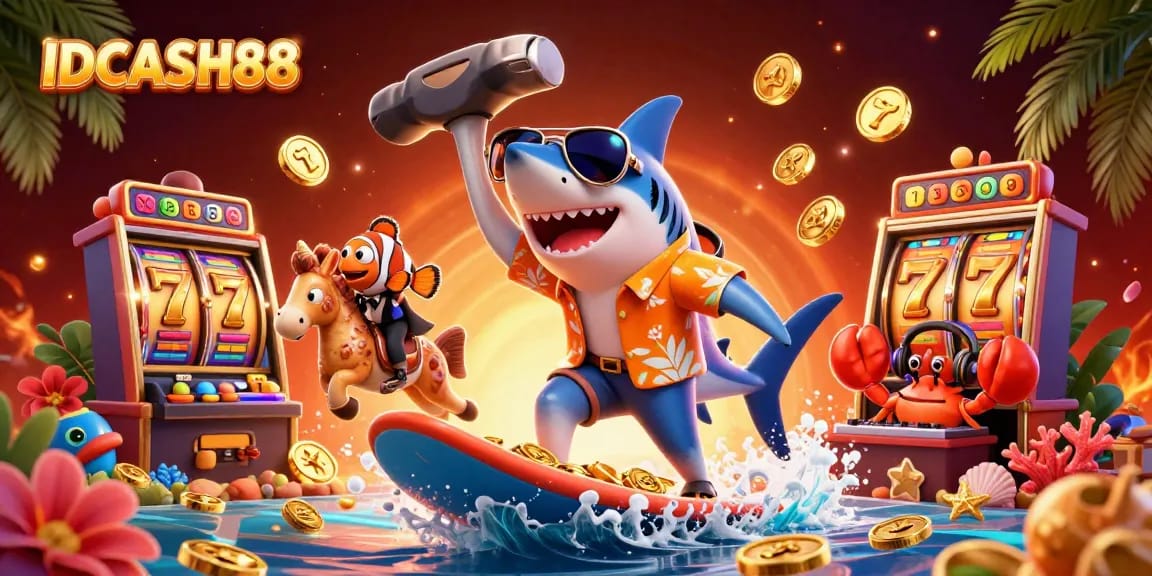 Experience thrilling wins at IDCASH88 with a vibrant 3D illustration of slot themes and engaging characters.