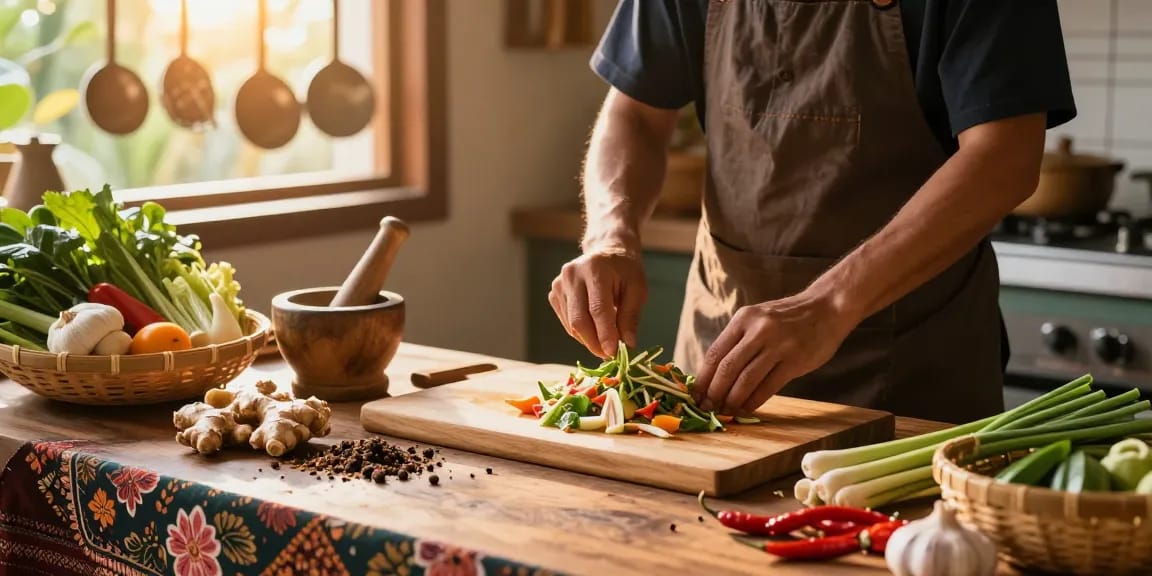 Delicious Thai herbal cooking scene featuring ginger and lemongrass in a vibrant kitchen.