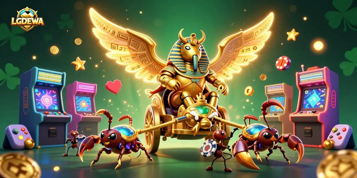 Experience thrilling gameplay with LGODEWA's 3D casino scene featuring golden scarab and scorpions.
