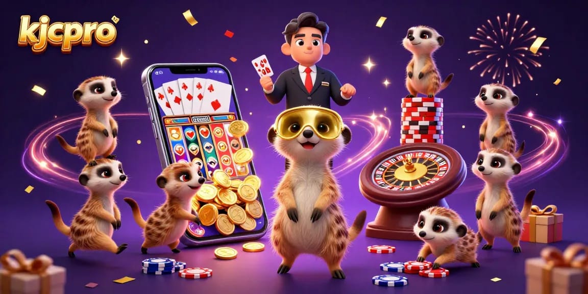 Experience the excitement of kjcpro with meerkats managing a lively casino, showcasing dynamic gaming elements.