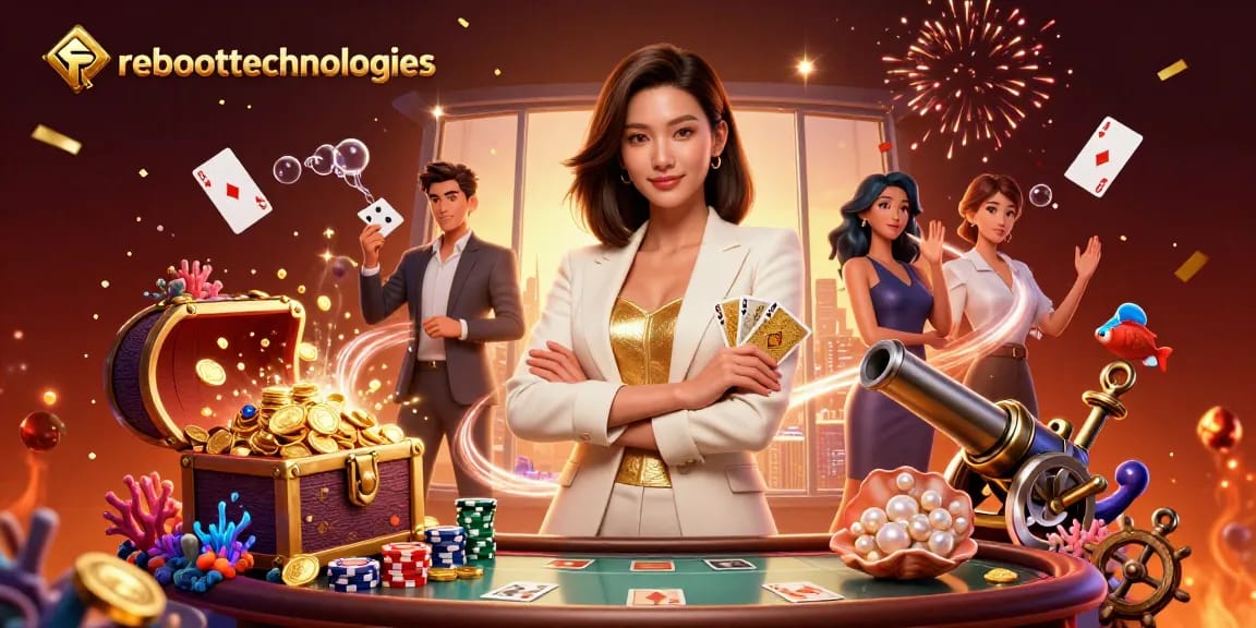 Experience the elegance of reboottechnologies as a powerful businesswoman engages in poker, surrounded by celebratory elements.