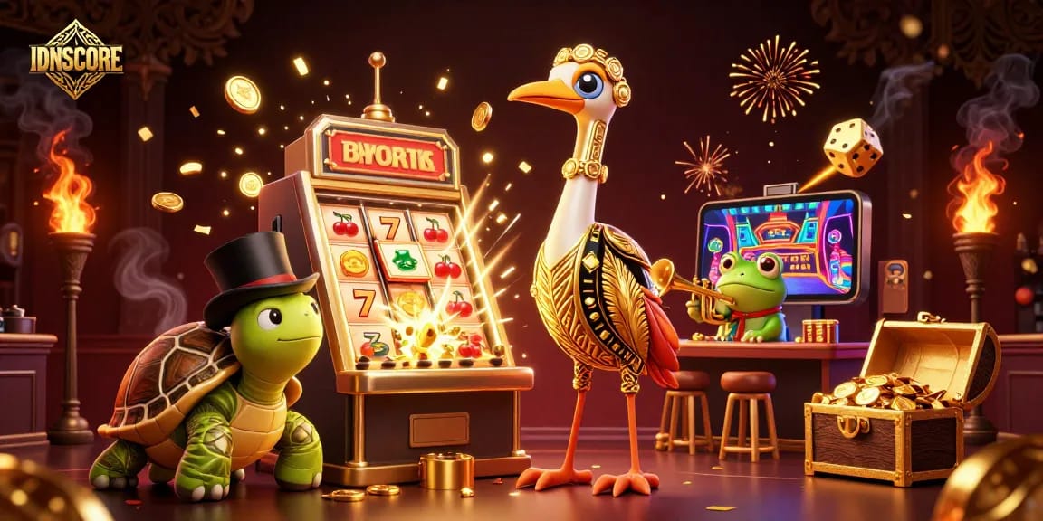 IDNSCORE showcases a vibrant casino scene with animated characters and exciting gaming elements.