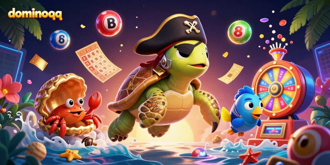 Experience thrilling dominoqq action with a cartoon pirate turtle and friends celebrating colorful wins.