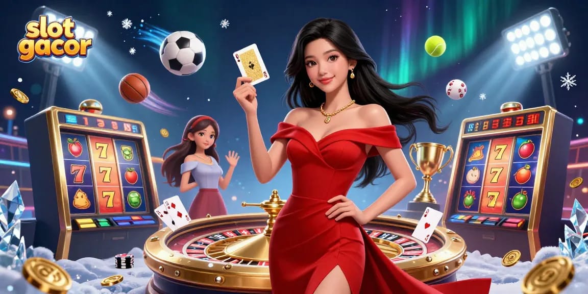 Experience the thrill of slot gacor with stunning visuals of a beautiful Asian woman playing at the casino.