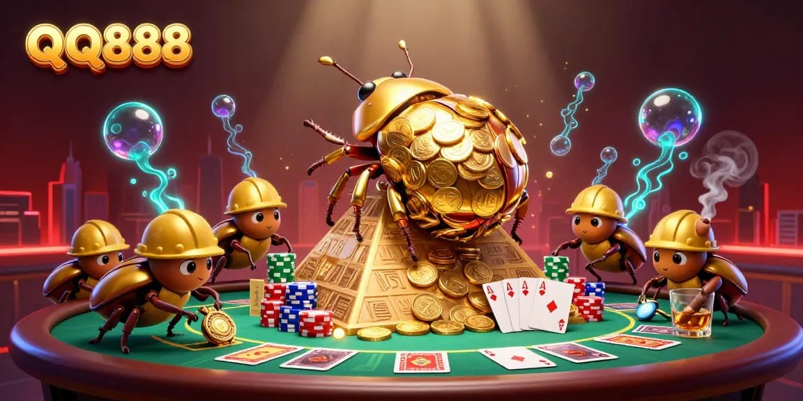 Experience thrilling gameplay with QQ888’s vibrant casino elements, including a golden beetle in action.