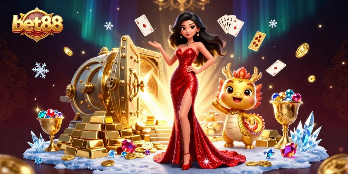 Experience thrilling gaming at bet88 with a stunning Asian woman and golden dragon mascot amidst casino treasures.