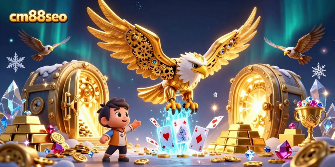 Experience cm88seo's exhilarating online gaming scene with a dynamic 3D eagle and vibrant casino elements.
