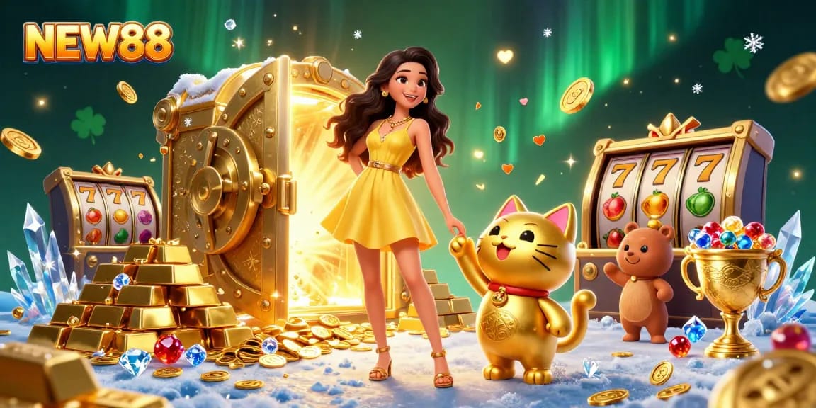 Experience the vibrant world of NEW88 online with a joyful woman and a lucky cat surrounded by golden treasures and slot machine elements.
