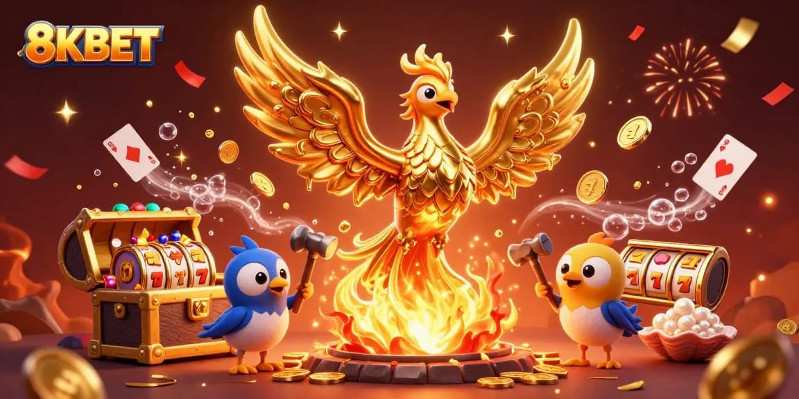 Experience the excitement of 8KBET with a dazzling 3D scene of a golden phoenix and vibrant slots.