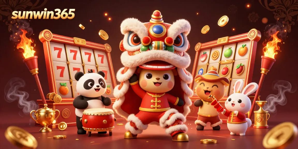 Experience the excitement of sunwin365 with vibrant lion dance and engaging slot games in a dynamic 3D scene.