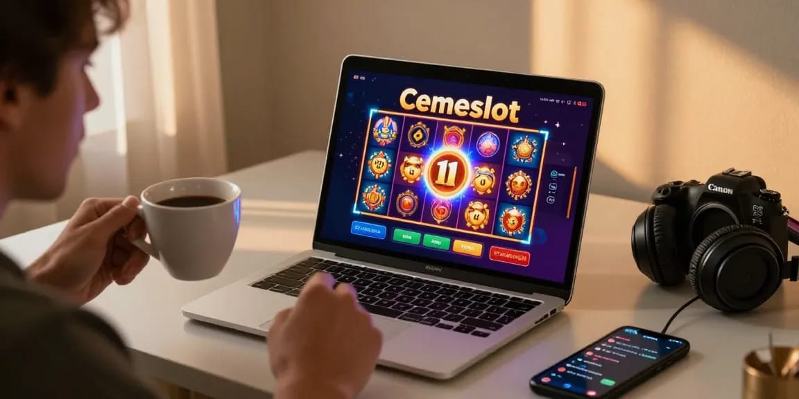Engaged player logging into Cemeslot Resmi with vibrant slot graphics and cozy setup